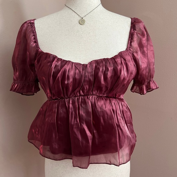 Thirty Thirty Tops - Thirty Thirty Metallic Organza Babydoll Top Puff Sleeve Burgundy Size Small